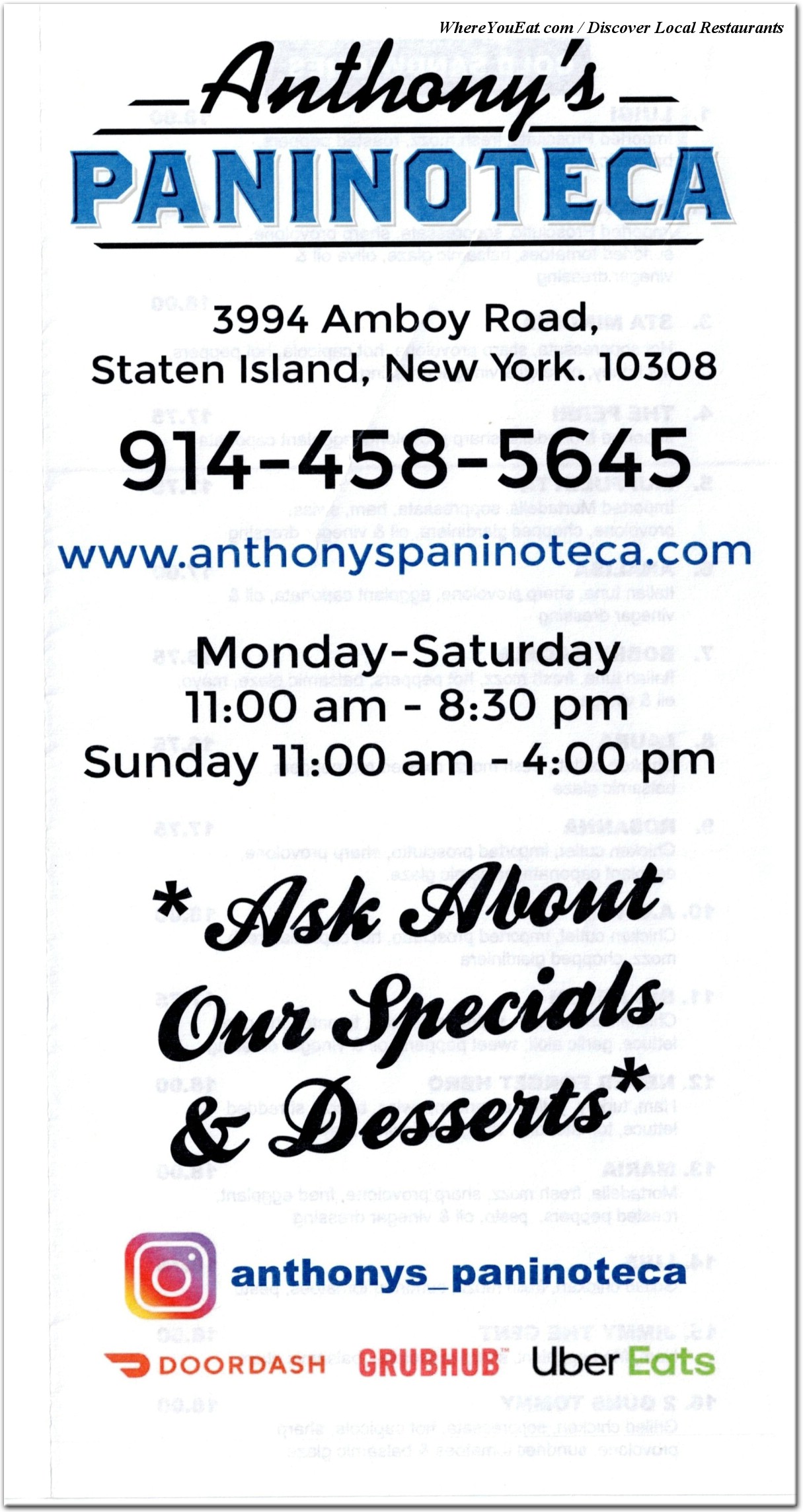 Printed menu cover with Anthony’s Paninoteca’s original logo, address, phone number, hours, and ordering information