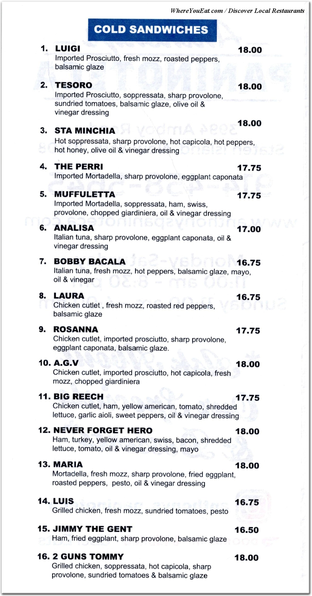Printed menu page: cold sandwiches and sandwich prices