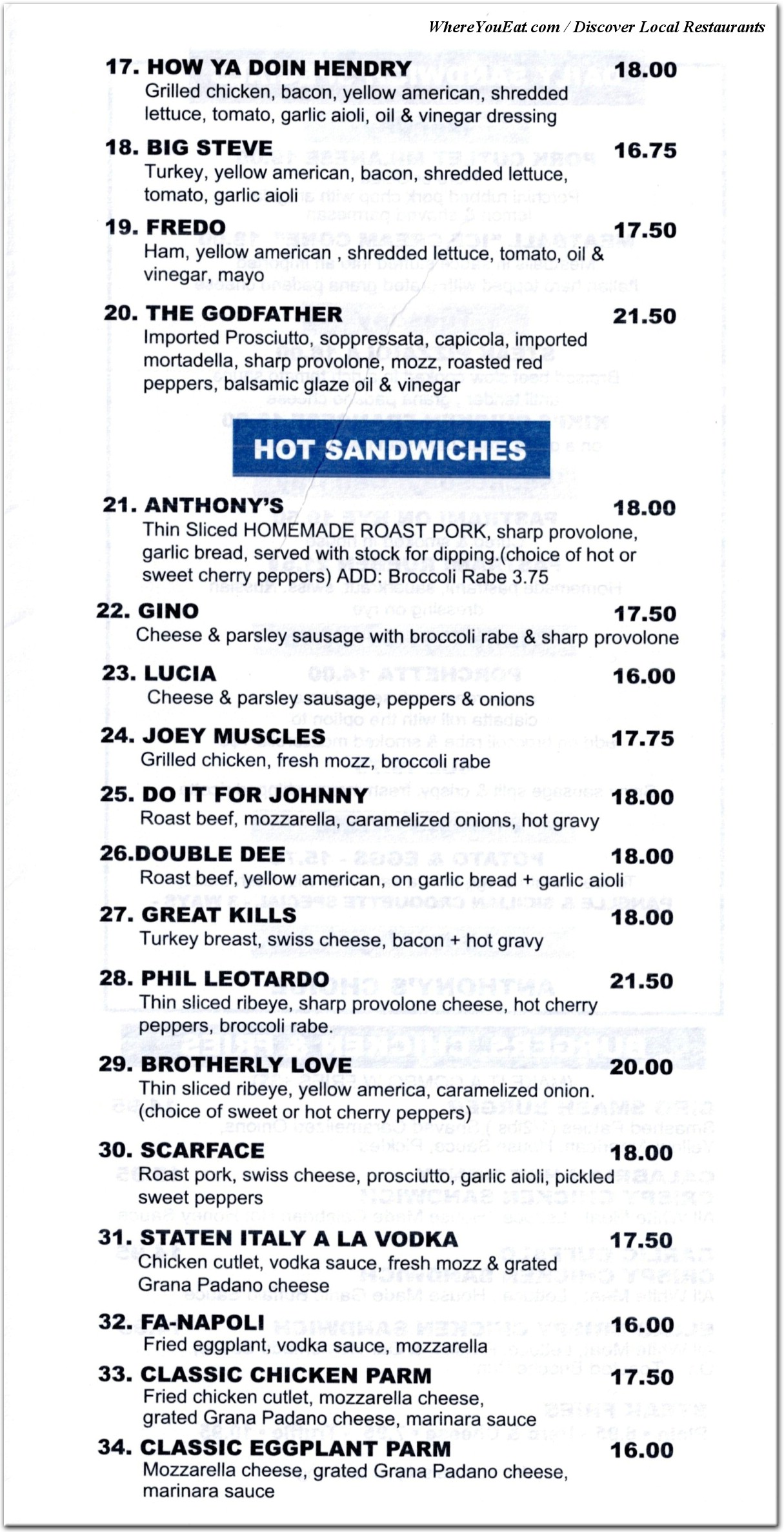 Printed menu page: hot sandwiches and sandwich prices