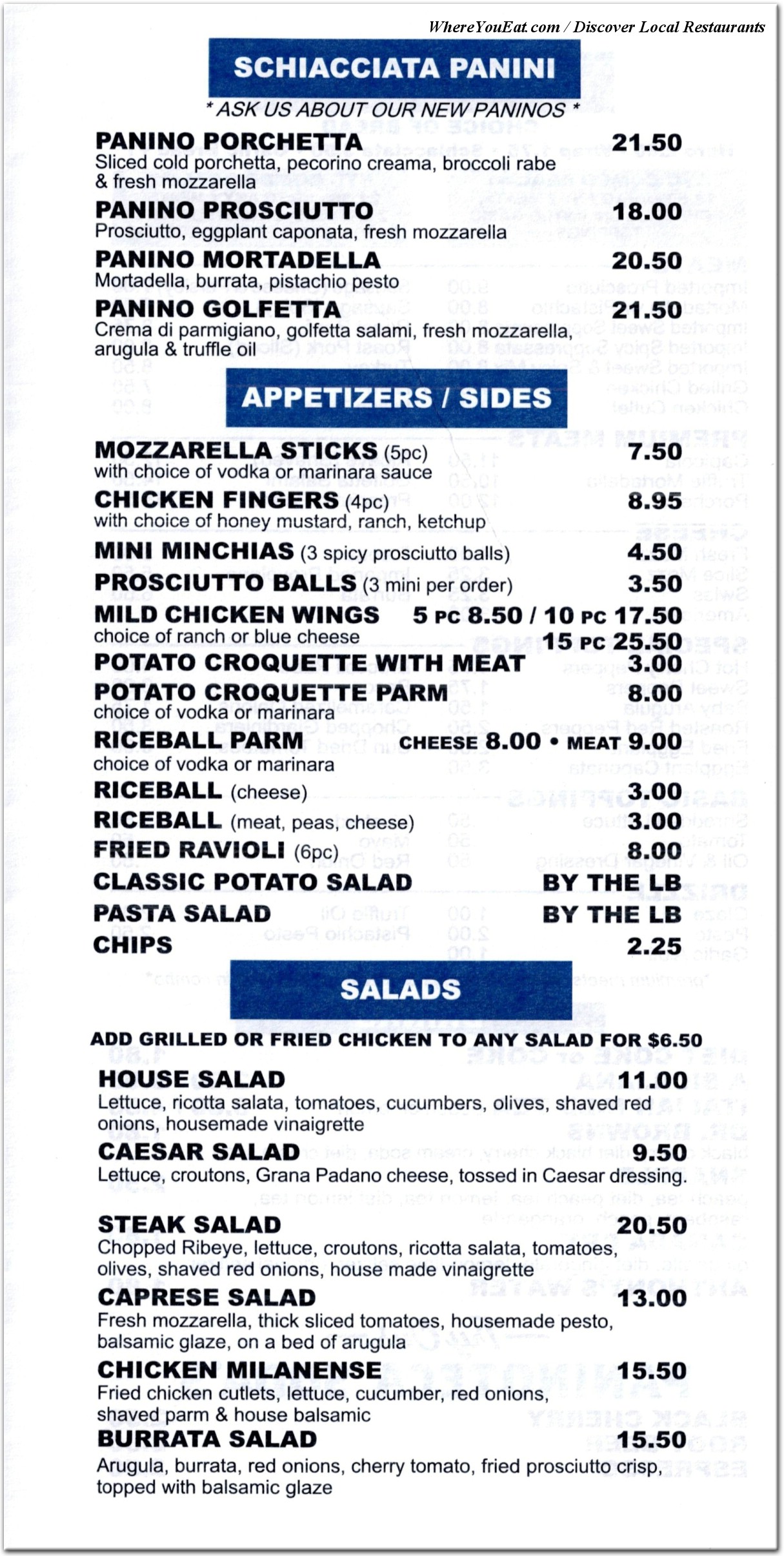 Printed menu page: schiacciata panini, appetizers, sides, and salads