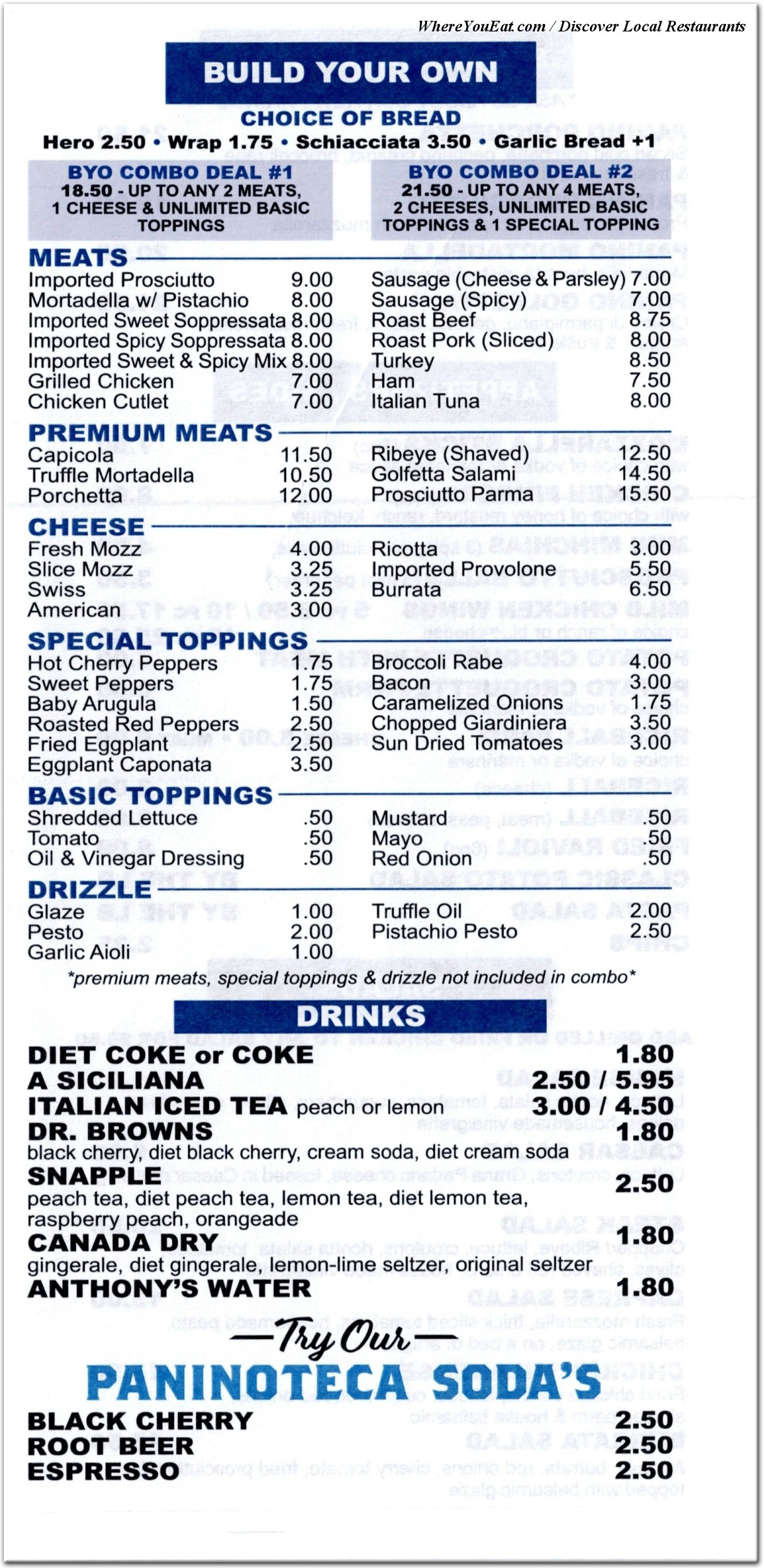 Printed menu page: build your own sandwich, toppings, drinks, and Paninoteca sodas