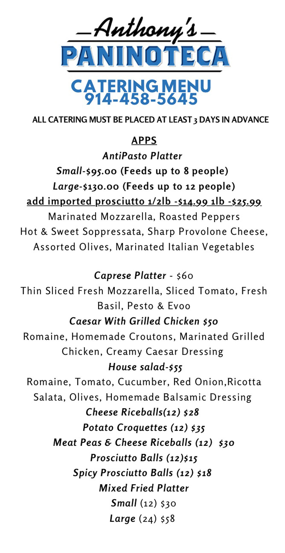 Anthony's Paninoteca Menu